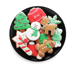 Delicious gingerbread Christmas cookies on white background, top view