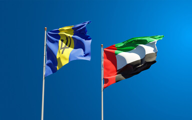 Beautiful national state flags of UAE United Arab Emirates and Barbados together at the sky background. 3D artwork concept.