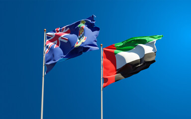 Beautiful national state flags of UAE United Arab Emirates and Cayman Islands together at the sky background. 3D artwork concept.