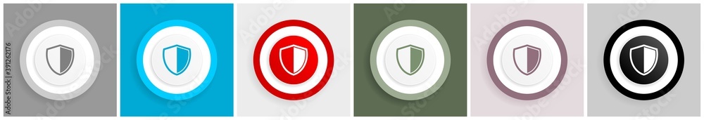Poster Shield, protection, security concept icon set, colorful flat design vector illustrations in 6 options for web design and mobile applications