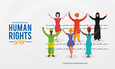 International human rights day background. peoples with different race raising hands and broken chains the symbol of freedom.