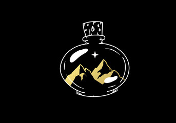 mountain and star in the bottle.
Hand drawn, boho, luxury style. 
Black and white gold color. 
Spiritual guidance, tarot readers, tattoos, travelers