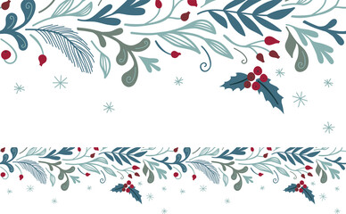 Fototapeta na wymiar Christmas horizontal border with winter flora. Vector floral template, holiday banner.