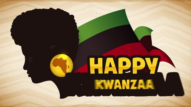 Afro-American woman silhouette wearing earring  with the map of Africa and traditional Kwanzaa flag. Video animated 4K