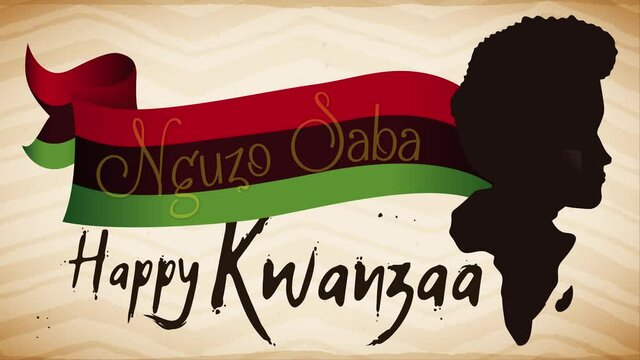Man head and Africa silhouette, traditional flag and greeting for the Seven Principles of African Heritage (or Nguzo Saba) of Kwanzaa celebration. Video animated 4K