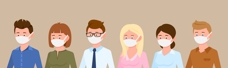 Fototapeta premium Cartoon character side view portrait man and woman wearing medical masks protecting disease, flu vector illustration set. Group of male and female people preventing corona virus infection