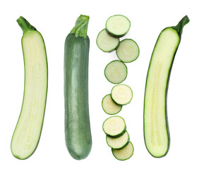 Set of fresh ripe zucchinis on white background, top view
