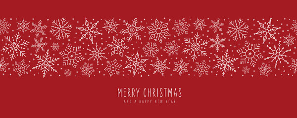 Naklejka na ściany i meble Merry Christmas greetings card snowflakes banner red background