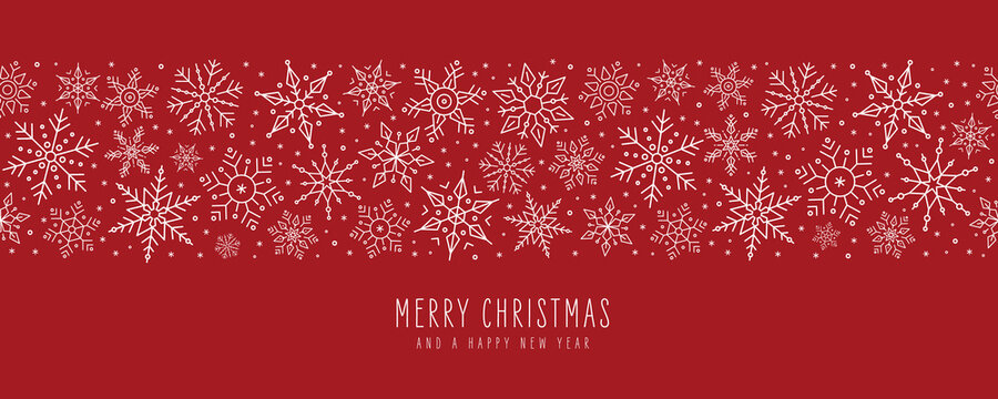 Merry Christmas greetings card snowflakes banner red background