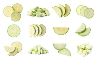 Set of cut squashes on white background