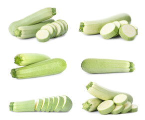 Set of cut and whole squashes on white background