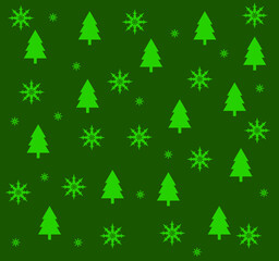 Christmas ornament in green. Snowflakes and Christmas trees. Merry Christmas. Decoration for a gift, postcard, creativity. Vector. Green Christmas background.