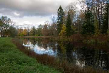 Fototapeta na wymiar autumn landscape forest lake surrounded by colorful trees