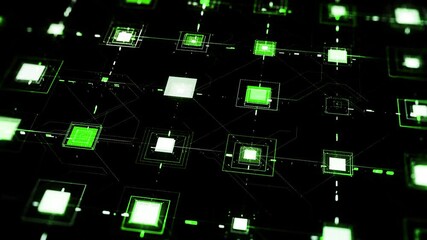 Network with pulsating squares on black background. Animation. Cyberspace with electronic network that transmits signals along lines connecting pulsating cells