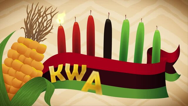 Traditional elements to celebrate Kwanzaa: candles, corn and flag of this holiday. Video animated 4K