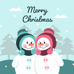 Fototapeta na wymiar Merry Christmas background with lovely couple snowman in flat design