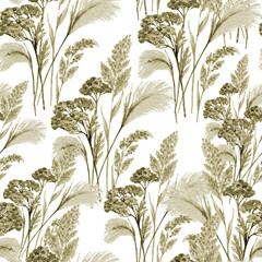 Fototapety  Watercolor  different grass on white  background. Monochrome seamless pattern  for decorations. 