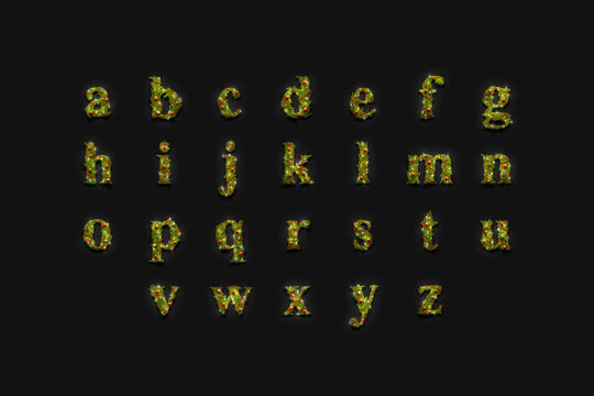 Decorative lowercase aphabet, christmas font mock up set in darkness