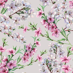  Seamless pattern watercolor flowes with leaves. Branch tree of peach with cherry on gray background.  Beautiful pattern for decoration and design. 