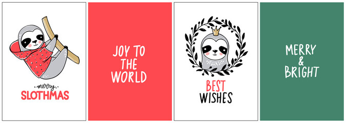 Cute Sloth, Merry Christmas cards collection. Vector funny illustrations for winter holidays. Doodle lazy sloths bears and lettering inscriptions. Happy New Year and Xmas animals set © yana2607