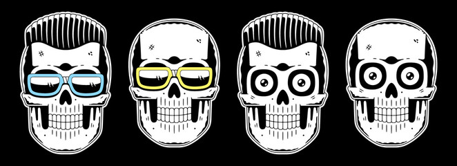 Funny skull. Modern logo. Skull with glasses. Cool hairstyle.