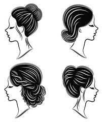 Collection. Silhouette of the head of a lovely lady. The girl demonstrates her pech hairstyle for long and medium hair. Suitable for logo, advertising. Vector illustration set.