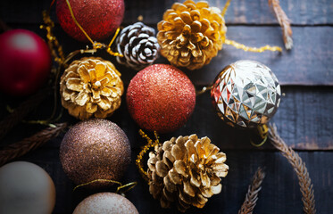Christmas holidays composition on dark wooden background. Top view with copy space for text.