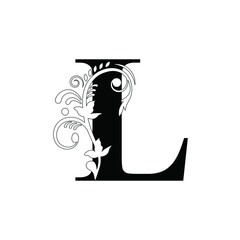 letter L. Vintage black flower ornament initial letters.  Alphabet. Logo vector 