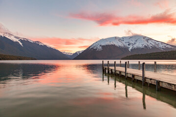 Sunrise over the jetty at Lake Rotoiti, Nelson Lakes National Park, New Zealand