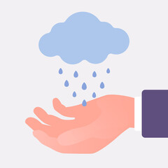 Fototapeta na wymiar Rainwater harvesting hand, collection and storage of rain cloud drops. Human palm gathering fresh clean water during rainfall, scarcity and eco care symbol. Vector flat style cartoon illustration