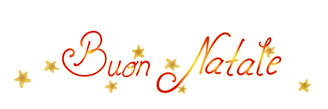Gru&szlig;karte mit Text "Buon Natale" in Rot mit Goldeffekt und Sternen auf Wei&szlig;.