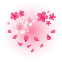 Valentines day card. Pink flying petals and flowers on soft light pink background. Heart shaped flowers. Vector