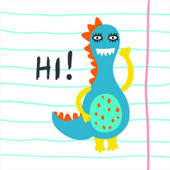 Smiling dinosaur waving hand hello and word Hi! Cute colorful blue dino, vector illustration on school notebook sheet background, baby nursery, boy, girl card, childish poster, kid invitation, shirt