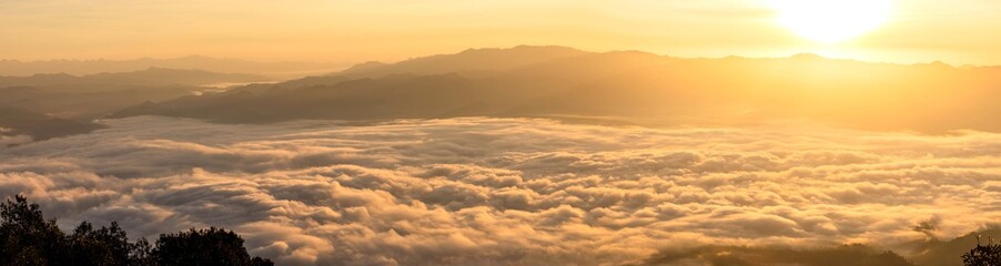 Panoramic beautiful Misty Morning with Beautiful Sunrise which clear blue sky in morning