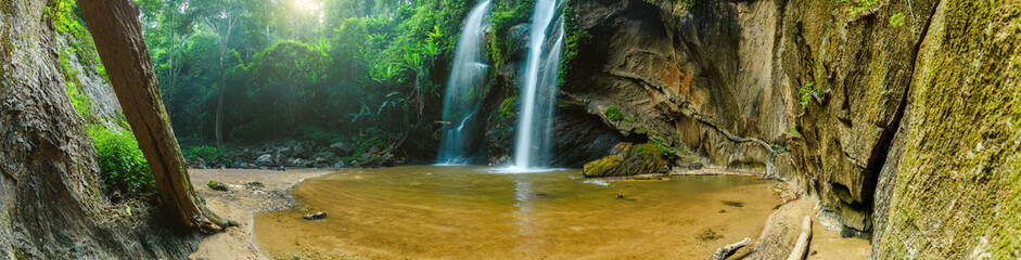 Panoramic beautiful deep forest waterfall in Chiang Mai Province at Thailand.