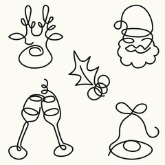 Christmas collection. Black line art contours of Santa Claus head, jingle bell, reindeer, poinsettia, glasses with sparkling wine. Vector illustration,  hand drawn continious one-line minimalist