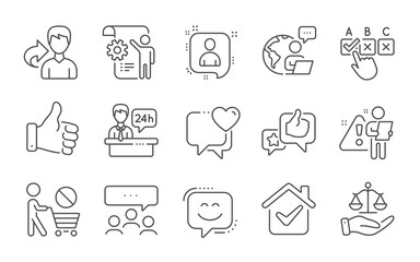 Like, Justice scales and Settings blueprint line icons set. Stop shopping, Correct checkbox and Heart signs. Share, Like hand and Smile face symbols. Line icons set. Vector
