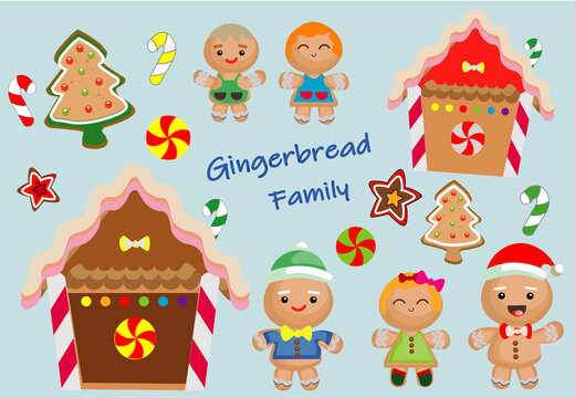 Colorful Vector Set of Happy Gingerbread Family Celebrating Christmas, Cookie House and Candies

I