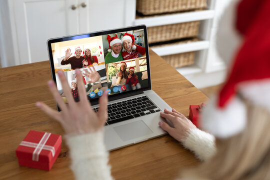 Caucasian woman at christmas on a video call
