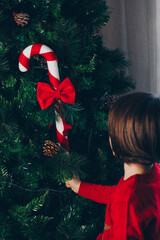 Child decorating the tree seen from behind