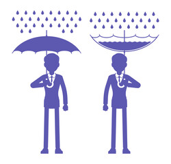 Rainwater harvesting man, RWH icon, collection and storage of rain. Drops catchment technology with umbrella during fresh water scarcity in dry seasons, rainfall resource use. Vector illustration