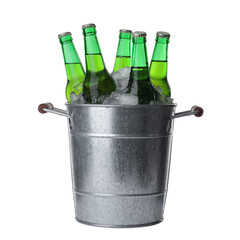 Metal bucket with bottles of beer and ice cubes isolated on white