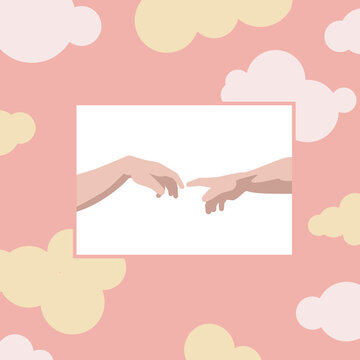 Creation of Adam Detailed vector outline drawing of hand on sky background