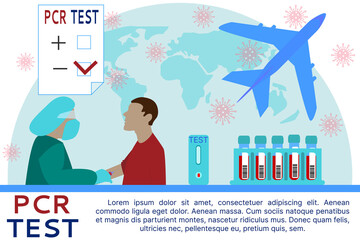 PCR test for coronavirus for flights and plane travel. Vector illustration. Space for text