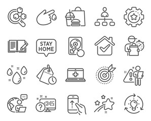 Science icons set. Included icon as Settings gear, Stay home, Management signs. Online quiz, Swipe up, Idea symbols. Chemistry lab, Blood donation, Target purpose. Time management. Vector