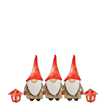 Festive background three gnomes with lanterns. Background with copy space for text. Perfect for invitations, cards, cover templates. Watercolor.