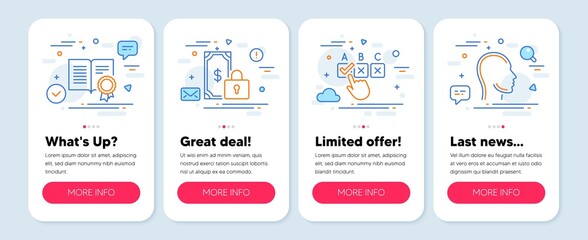 Set of Business icons, such as Private payment, Correct checkbox, Diploma symbols. Mobile screen app banners. Head line icons. Secure finance, Answer, Document with badge. Human profile. Vector
