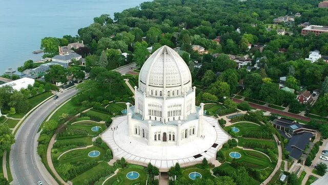 bahai temple bye the ocean. beautiful temple with gardens and fountains on the lake shore
