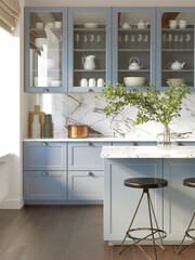 3d rendering of a light blue rustic country kitchen with white marble backsplash, an island and vintage stools, vertical closeup - obrazy, fototapety, plakaty