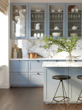 3d rendering of a light blue rustic country kitchen with white marble backsplash, an island and vintage stools, vertical closeup